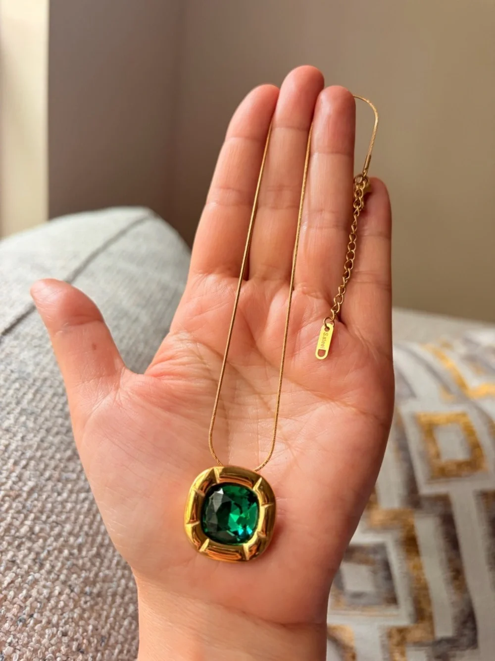 Gold Pendant Necklace with Green Gemstone